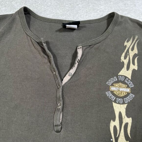 Harley Davidson Women’s Green Button Up Henley Flame Short Sleeve Shirt - Picture 3 of 8